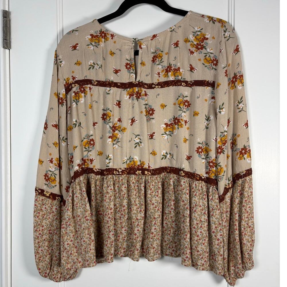 Maurices Boho Mixed Floral Tiered Peplum Blouse Balloon Sleeve Cottagecore XL - Picture 4 of 6